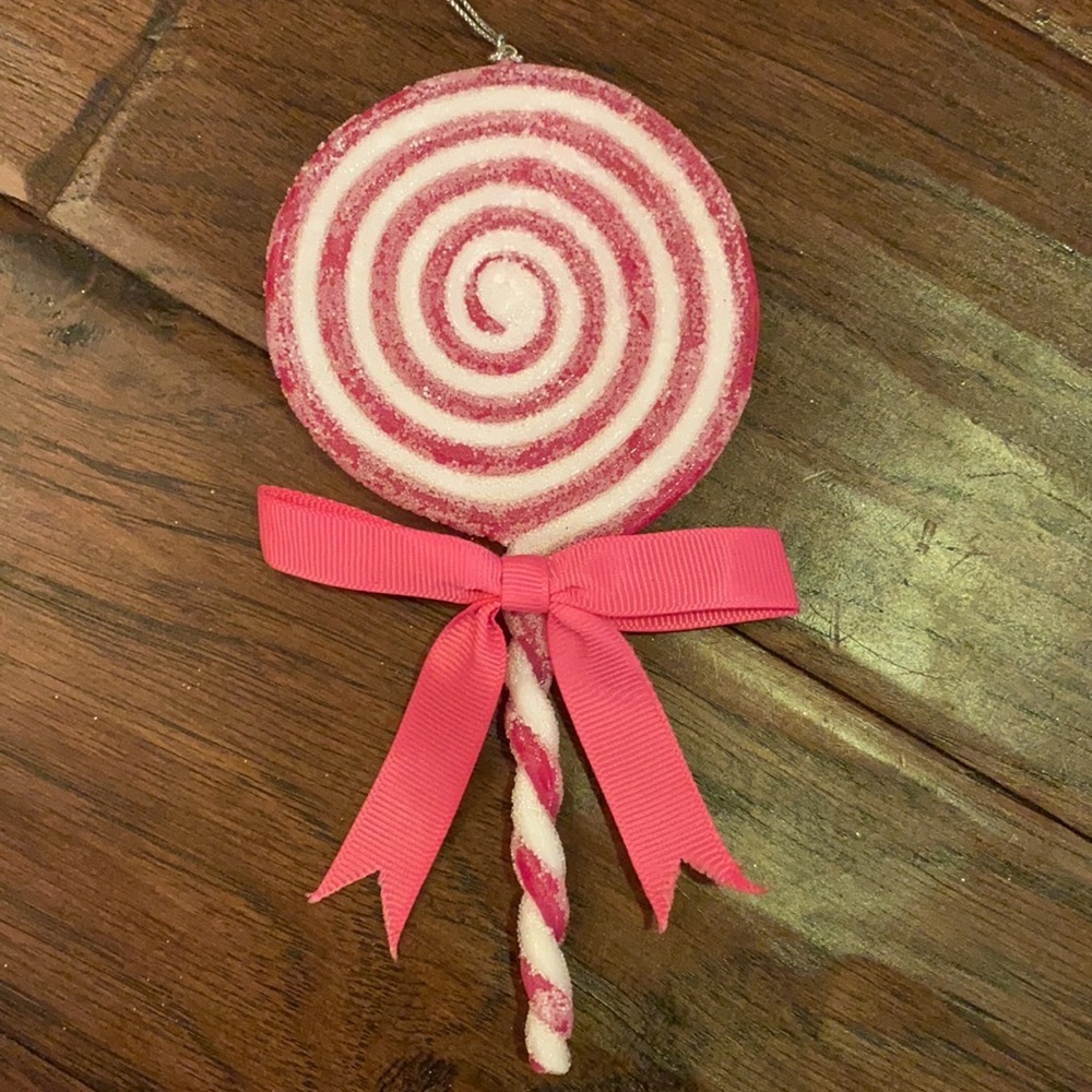 Pink & White swirl lollipop Holiday Christmas Tree ornament glitter & bow 7x3.5” - Picture 2 of 9